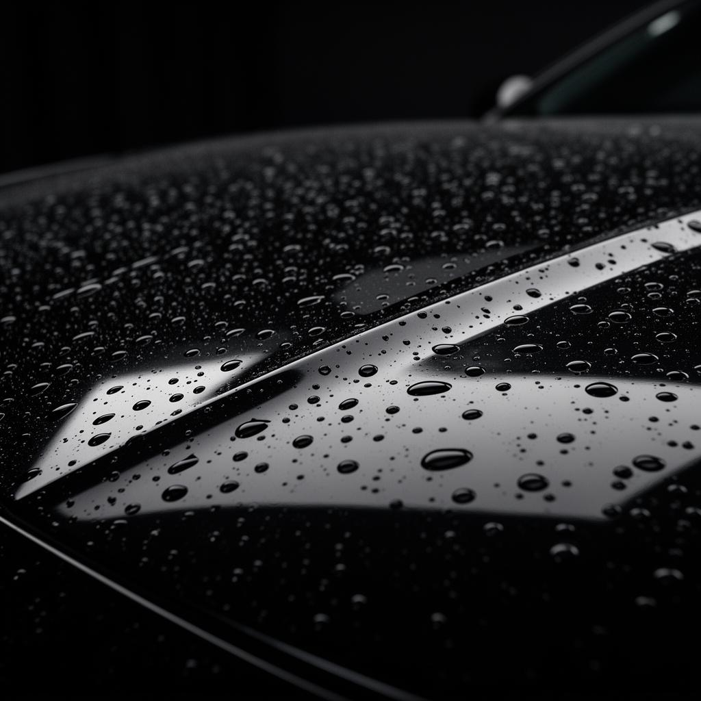 Water beading on a freshly detailed black car hood